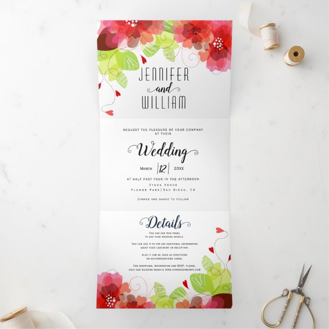 Modern red flowers, typography floral wedding Tri-Fold invitation (Inside)