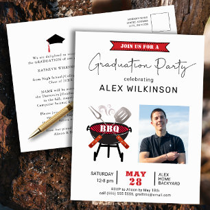 Modern Red Fun Script Simple Photo Graduation BBQ Postcard