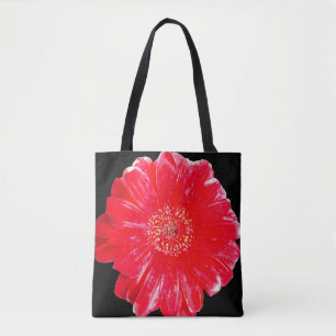 Modern Red Gerbera Daisy on Black Shoulder Tote Bag