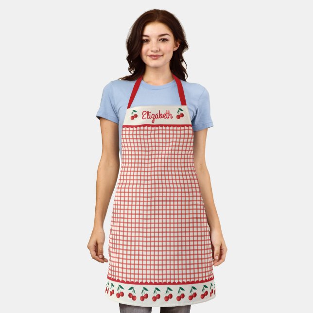 Modern Red Gingham Cherry Pattern Baking Apron (Worn)