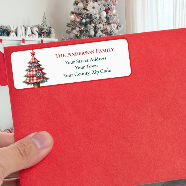 Modern Red Gingham Christmas Tree Ornaments Name (Creator Uploaded)