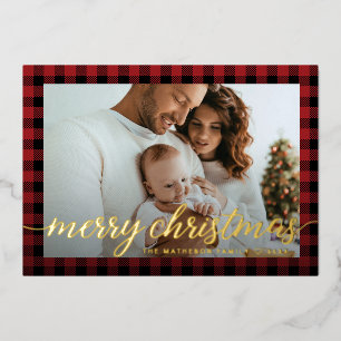 Modern Red Gingham Family photo Christmas Gold