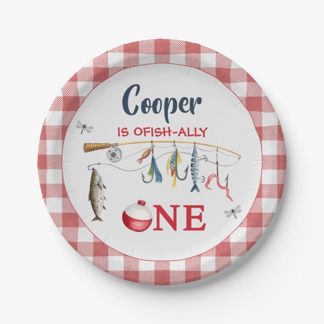 Modern Red Gingham Fishing 1st Birthday  Paper Plate (Front)