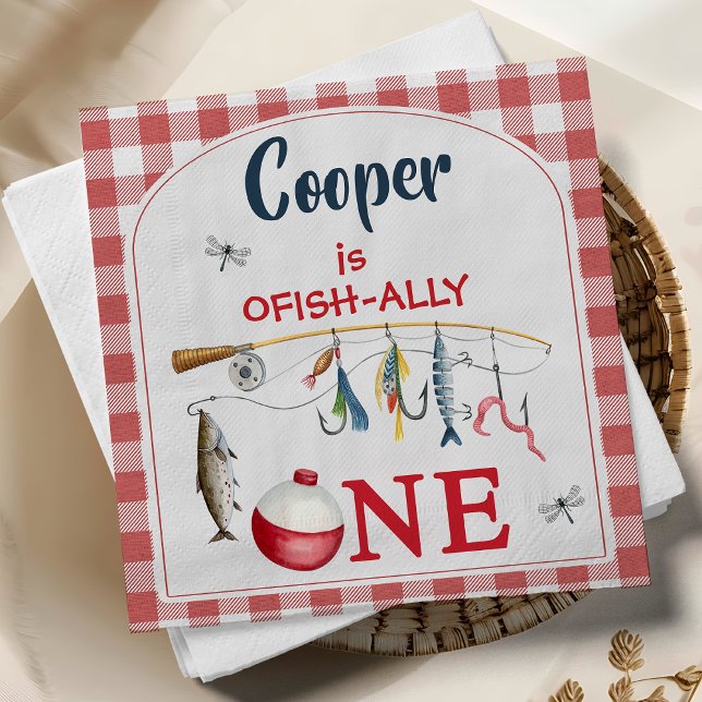 Modern Red Gingham Ofishally One 1st Birthday  Napkin (Fishing themed O-fish-ally 1st birthday party Napkins,
Ofish-ally One 1st Birthday Paper Napkin,)