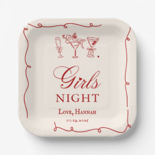 Modern Red Girls Night Dinner Party Paper Plate