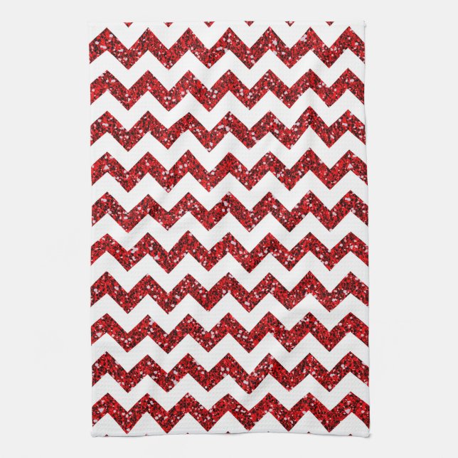 Modern Red Glitter Chevron Kitchen Dish Towel (Vertical)