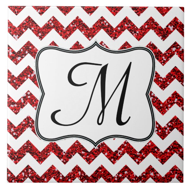 Modern Red Glitter Chevron Monogram Display Tile (Front)