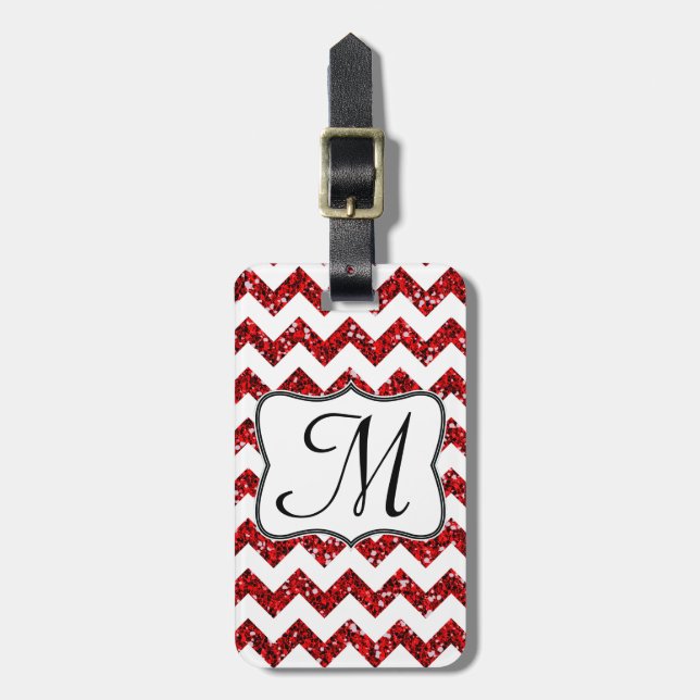 Modern Red Glitter Chevron Monogram Luggage Tag (Front Vertical)