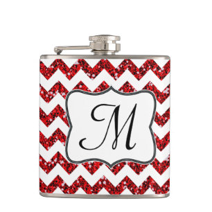 Modern Red Glitter Chevron Monogram Whiskey Flask