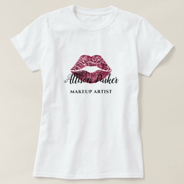 Modern Red Glitter Kiss Lip Makeup Artist T-Shirt (Design Front)