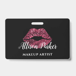 Modern Red Glitter Lips Makeup Artist ID Badge