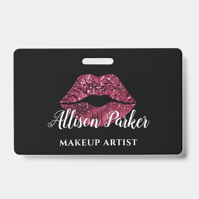 Modern Red Glitter Lips Makeup Artist ID Badge (Front)