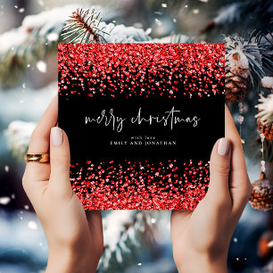 Modern Red Glitter Merry Christmas Black Invitation