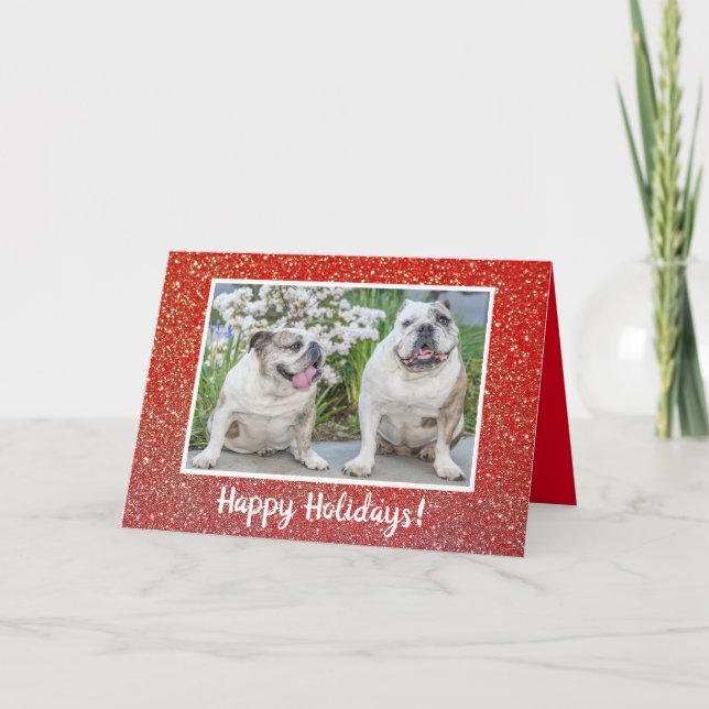 Modern Red Glitter Personalized Photo Name Holiday Card (Front)
