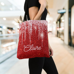 Modern red Glitter Sparkles Christmas Tote Bag