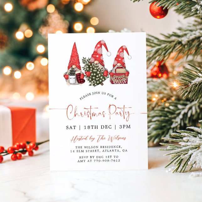Modern Red Gnomes Christmas Party Invitation (Creator Uploaded)