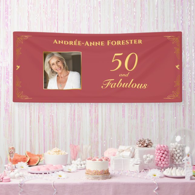 Modern Red Gold 50 Fabulous Birthday Photo Banner (Party)