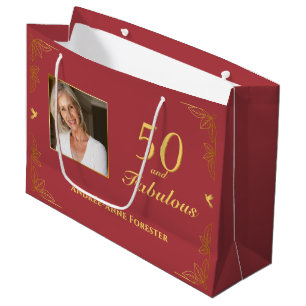 Modern Red Gold 50 Fabulous Birthday Photo Large Gift Bag
