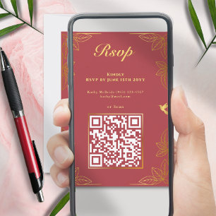 Modern Red Gold 50 Fabulous Birthday QR Code  RSVP Card