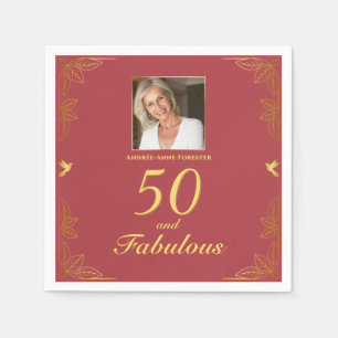Modern Red Gold 50 Fabulous Photo Birthday Napkin