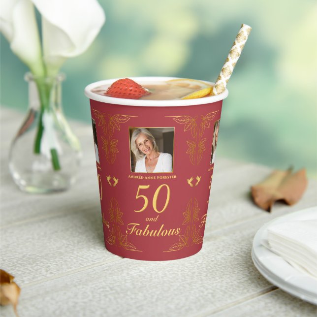 Modern Red Gold 50 Fabulous Photo Birthday Paper Cups (Insitu)