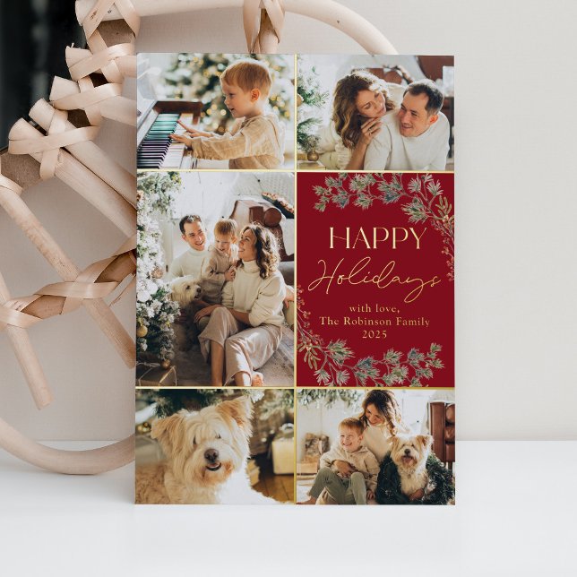 Modern Red Gold 5 Photo Frame Holiday Card  (Creator Uploaded)