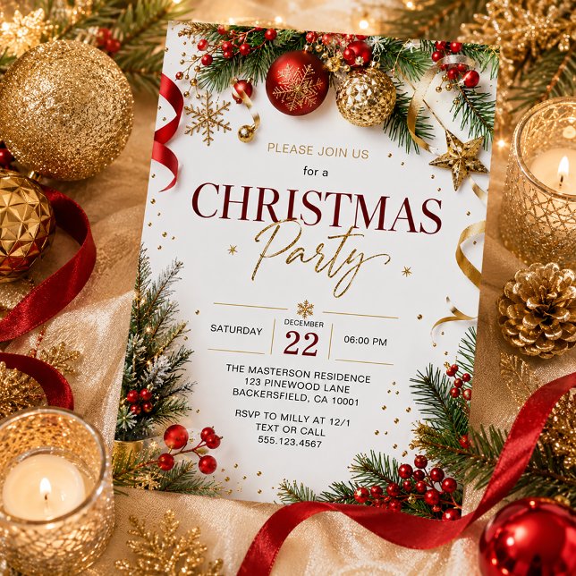 Modern Red Gold Baubles Tree Branches Christmas Invitation (Creator Uploaded)