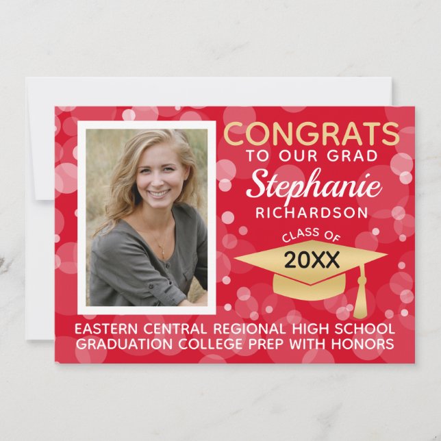 Modern Red Gold Bokeh Bubbles Photo Graduation Invitation (Front)