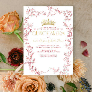 Modern Red Gold Botanical Floral Quinceañera Invitation