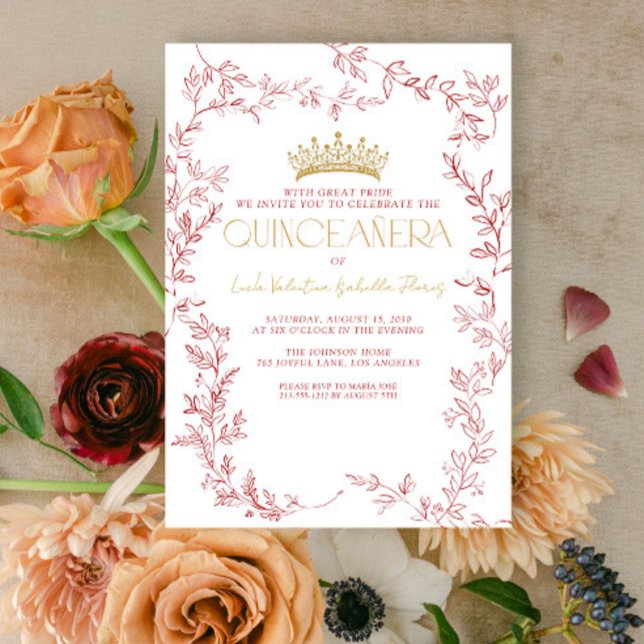 Modern Red Gold Botanical Floral Quinceañera Invitation (Creator Uploaded)