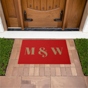 Modern red gold custom couple monogram initials doormat