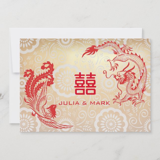 Modern Red Gold Dragon-Phoenix Chinese Wedding Invitation (Front)