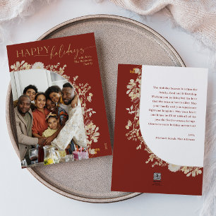 Modern Red Gold Floral 1 Photo Arch Holiday Card
