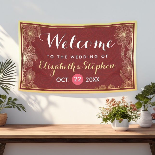 Modern Red Gold Floral Frame Wedding Welcome Sign (Creator Uploaded)