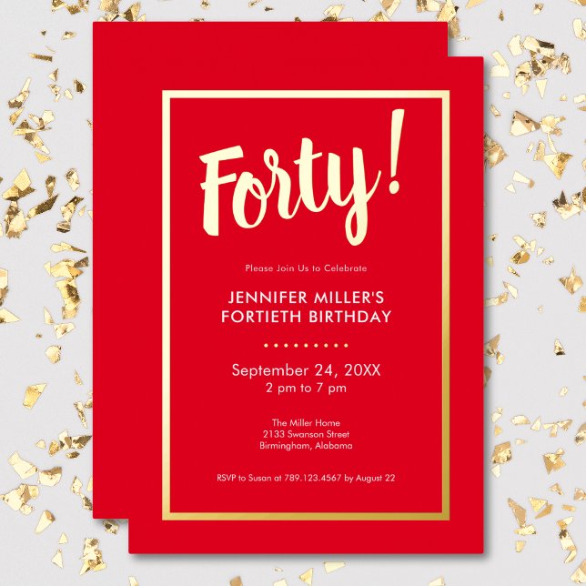 Modern Red & Gold Foil 40th Birthday (Modern Red & Gold Foil 40th Birthday Foil Invitation)