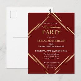Modern Red Gold Geometric 2025 Graduation Party Postcard