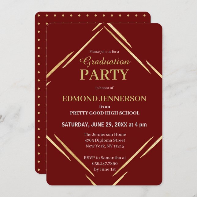 Modern Red Gold Geometric Graduation Party Invitation (Front/Back)