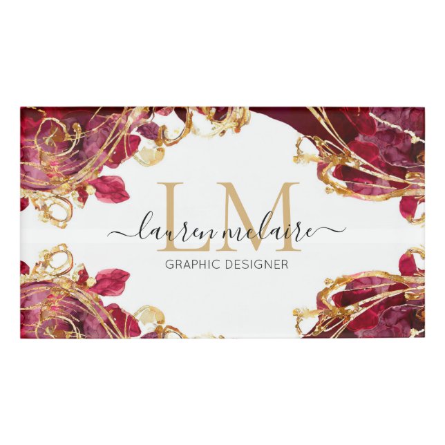 Modern Red & Gold Monogram Script Name Tag (Front)