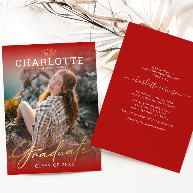 Modern Red Gold Photo Graduation Invitation (Creator Uploaded)