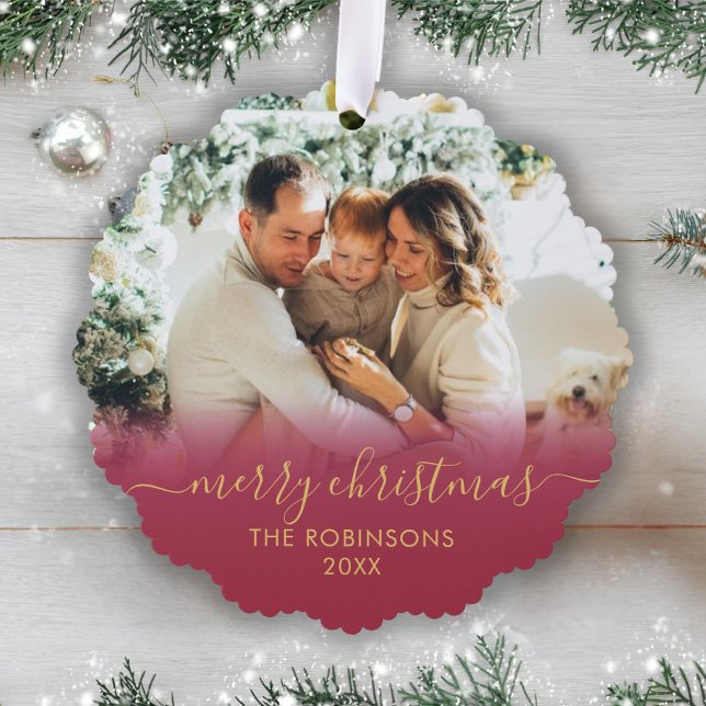 Modern Red Gold Script 2 Family Photo Christmas Tree Decoration Card (Creator Uploaded)