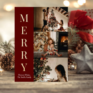 Modern Red Gold Script Merry Christmas Photo