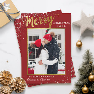 Modern Red Gold Script Merry Christmas Photo  Holiday Card