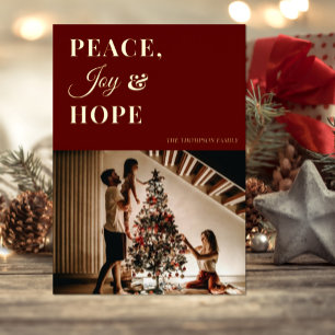 Modern Red Gold Script Peace Joy Hope Photo