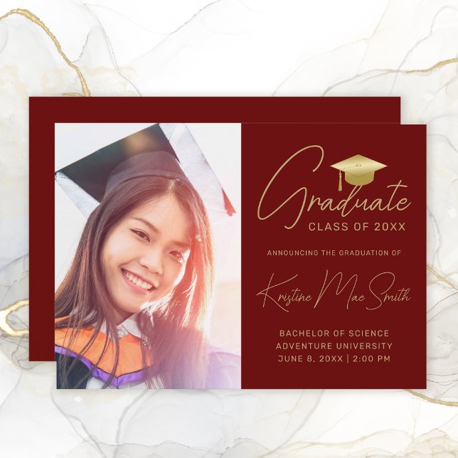 Modern Red Gold Script Photo College Graduation Announcement (Modern Maroon Gold Script Graduation Announcement)