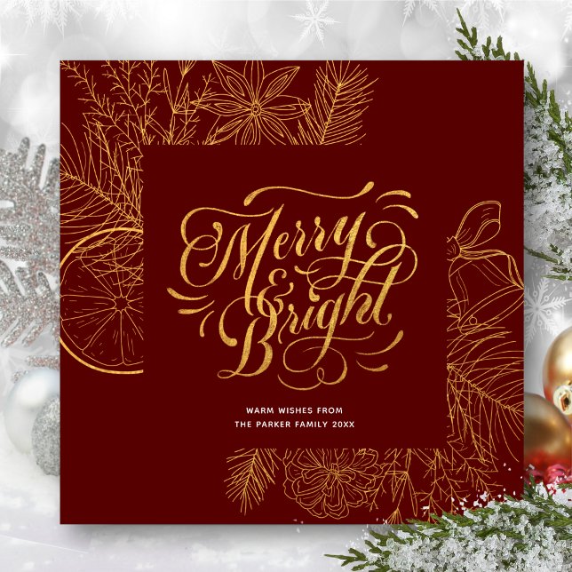 Modern Red Gold Script Pine Bough Floral Simple Holiday Card (Creator Uploaded)