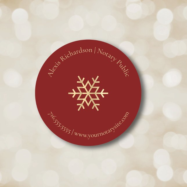 Modern Red Gold Snowflake Notary Holiday Marketing Classic Round Sticker (Creator Uploaded)