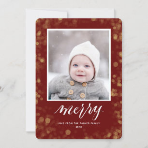 Modern Red Gold Snowflakes Bokeh Minimalist Photo Holiday Card