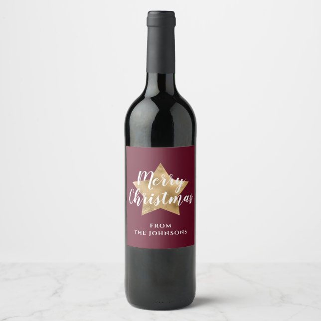 Modern Red Gold Star Christmas Wine Label (Front)