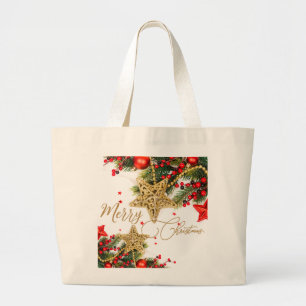 Modern Red & Golden Merry Christmas Design Large Tote Bag