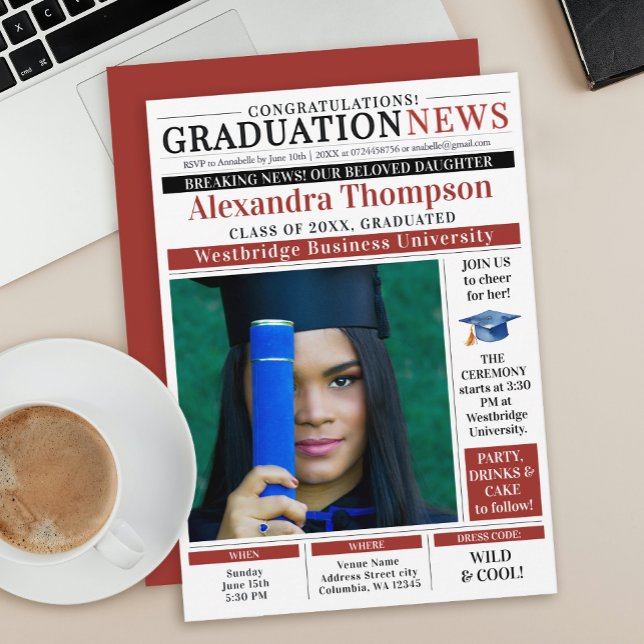 Modern Red GraduaTe Newspaper Front Page College Invitation (Creator Uploaded)